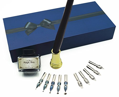 Plotube-Wooden-Pen-Calligraphy-Set-Dip-Pen-Gift-Writing-Case-Black-Ink-Bottle-Golden-Pen-Holder-11-Nibs-and-Beginners-Manual