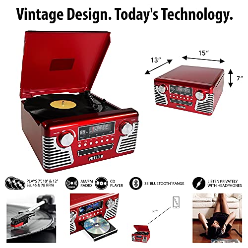 Victrola-50s-Retro-Bluetooth-Record-Player-Multimedia-Center-with-Built-in-Speakers-3-Speed-Turntable-CD-Player-AMFM-Radio-Vinyl-to-MP3-Recording-Wireless-Music-Streaming-Red