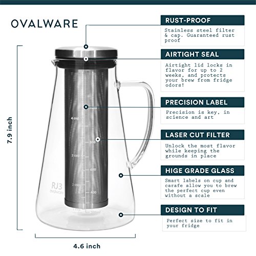 Airtight-Cold-Brew-Iced-Coffee-Maker-and-Tea-Infuser-with-Spout-10L-34oz-Ovalware-RJ3-Brewing-Glass-Carafe-with-Removable-Stainless-Steel-Filter