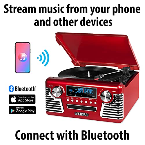 Victrola-50s-Retro-Bluetooth-Record-Player-Multimedia-Center-with-Built-in-Speakers-3-Speed-Turntable-CD-Player-AMFM-Radio-Vinyl-to-MP3-Recording-Wireless-Music-Streaming-Red