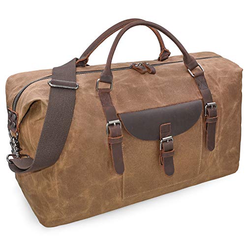 Oversized-Travel-Duffel-Bag-Waterproof-Canvas-Genuine-Leather-Weekend-bag-Weekender-Overnight-Carryon-Hand-Bag-Brown