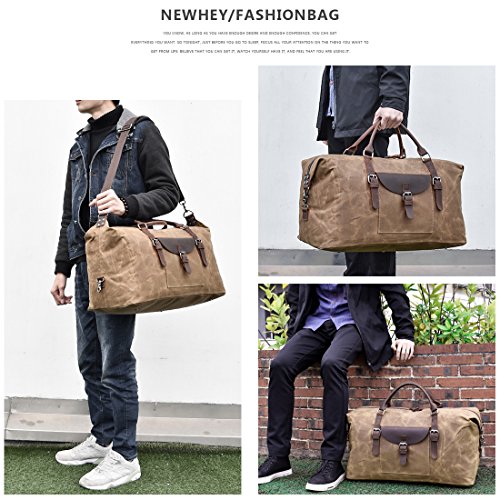 Oversized-Travel-Duffel-Bag-Waterproof-Canvas-Genuine-Leather-Weekend-bag-Weekender-Overnight-Carryon-Hand-Bag-Brown