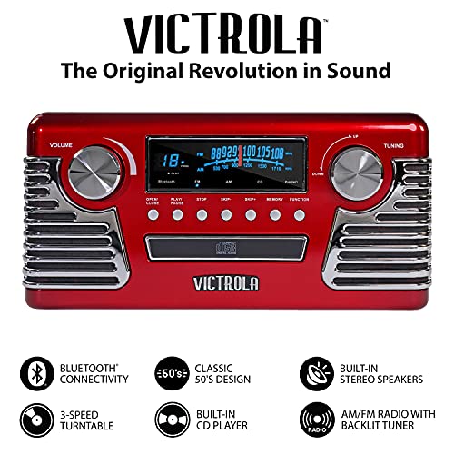 Victrola-50s-Retro-Bluetooth-Record-Player-Multimedia-Center-with-Built-in-Speakers-3-Speed-Turntable-CD-Player-AMFM-Radio-Vinyl-to-MP3-Recording-Wireless-Music-Streaming-Red