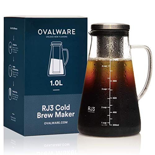 Airtight-Cold-Brew-Iced-Coffee-Maker-and-Tea-Infuser-with-Spout-10L-34oz-Ovalware-RJ3-Brewing-Glass-Carafe-with-Removable-Stainless-Steel-Filter